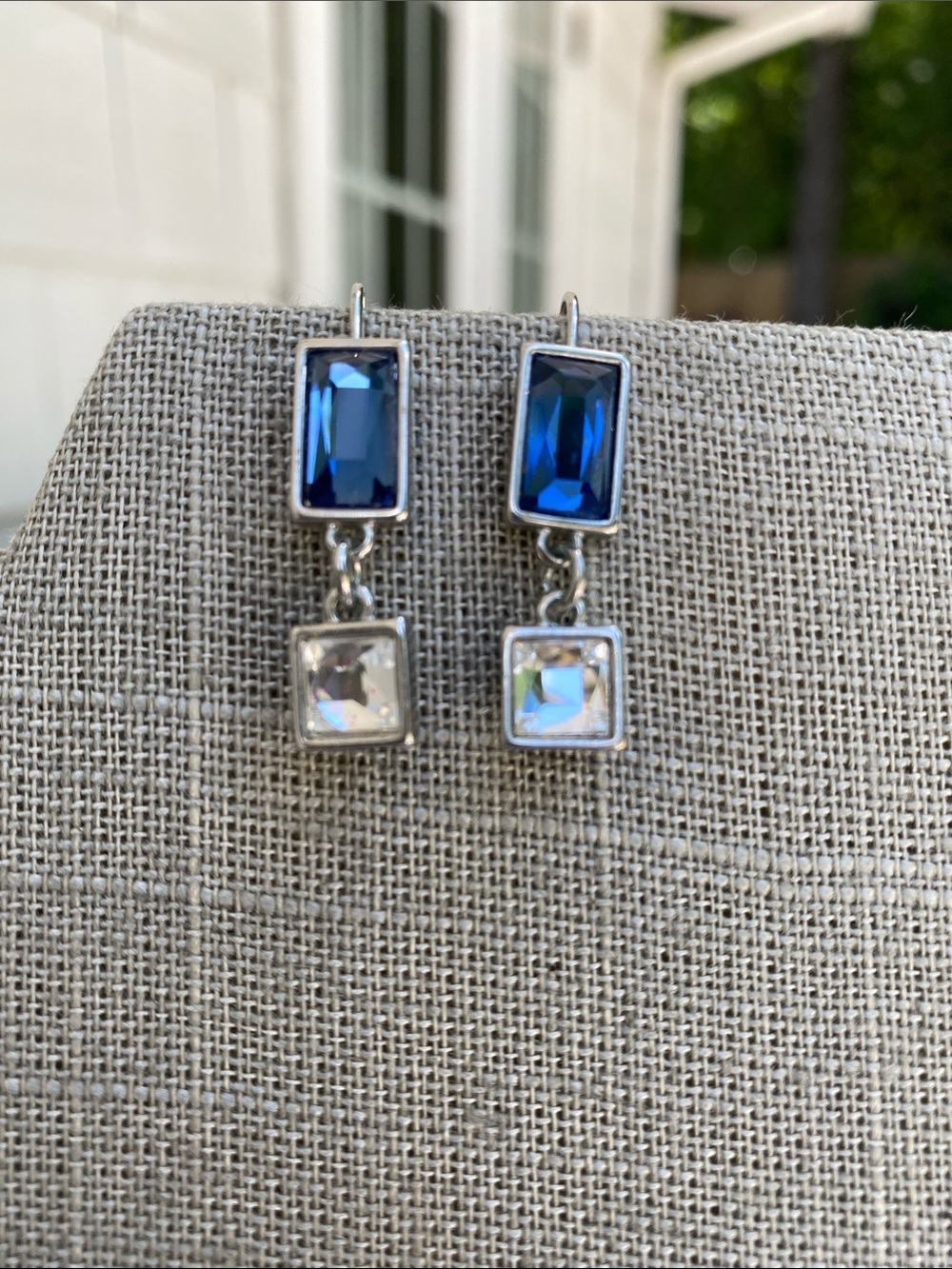 Lia Sophia Silver-Tone Blue and Clear Rectangular Drop Earrings